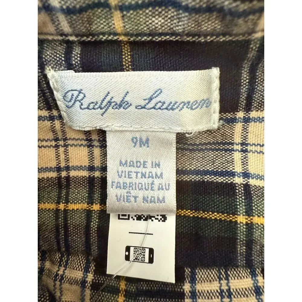Ralph Lauren Baby Blue & Green Cotton Plaid Brushed Oxford Shirt Size 9M